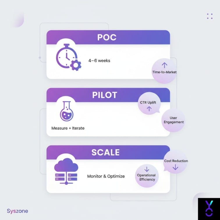 Three-step infographic: POC → Pilot → Scale with KPI icons