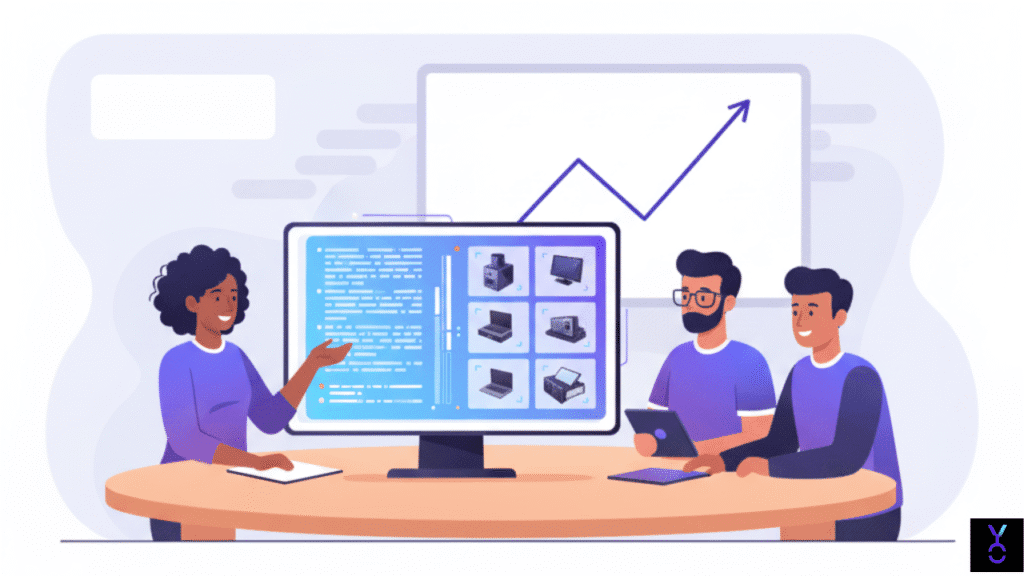 Startup team using generative AI tools to turn ideas into product mockups and marketing content