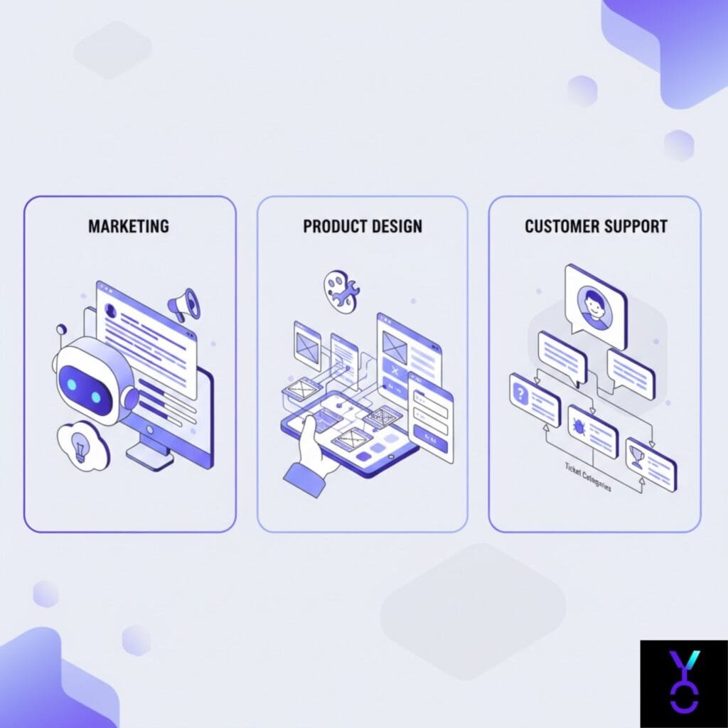 Grid of three panels showing generative AI in marketing, product design, and customer support